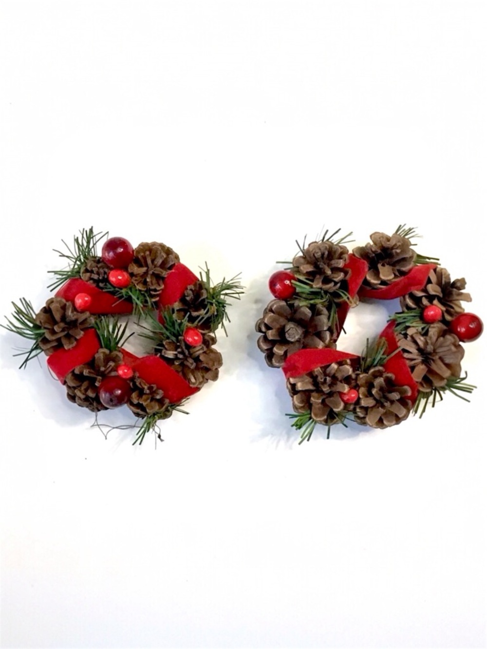 Vintage Small Christmas Wreaths Decorative Pinecones Berries Red Holiday Ribbon
